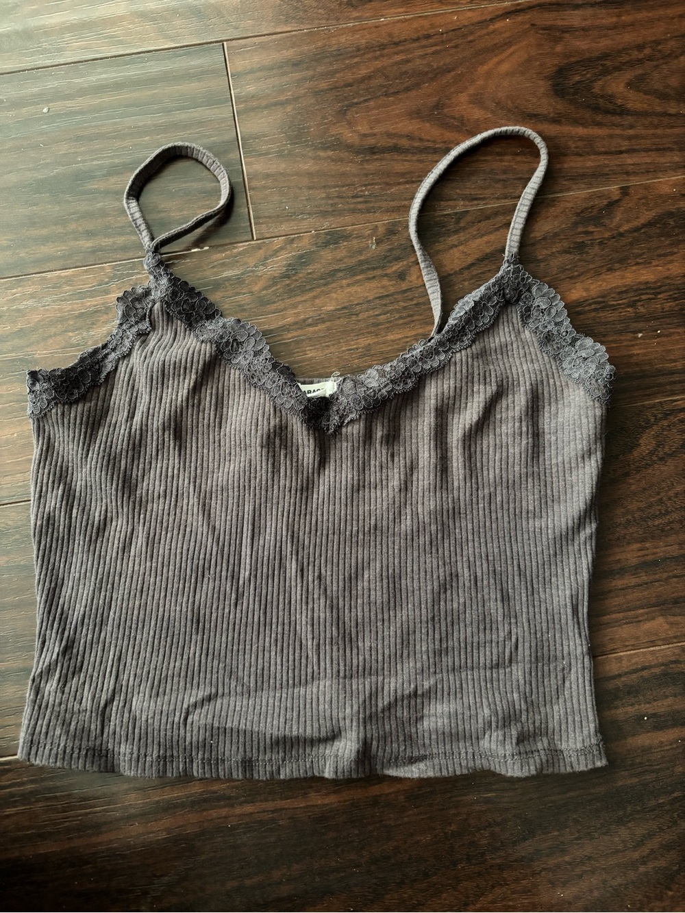Garage Charcoal Ribbed Lace-Trim Cami Crop Top